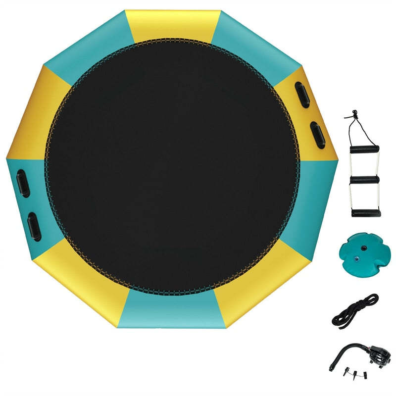 10FT Inflatable Water Trampoline, Floating Lake Trampoline with 500W Electric Inflator & Rope Ladder, Recreational Water Bouncer for Pool