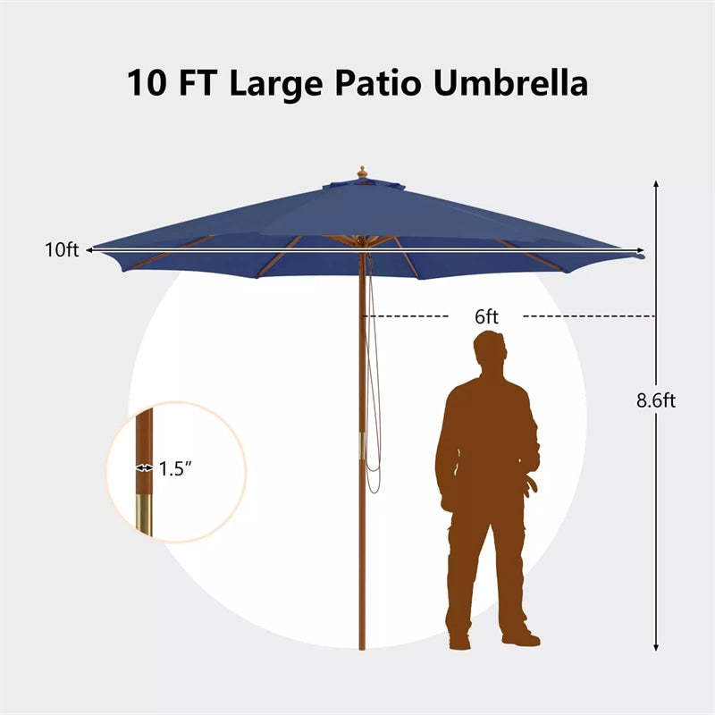 10FT Wooden Patio Umbrella with Rope Pulley Lift, 3 Height Adjustments, 8 Bamboo Ribs, Vented Roof Outdoor Table Umbrella for Poolside, Backyard