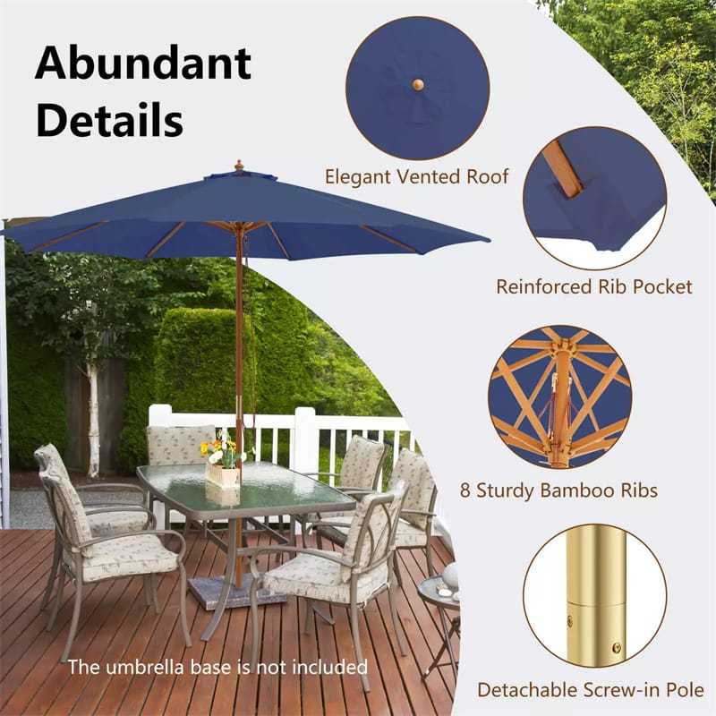 10FT Wooden Patio Umbrella with Rope Pulley Lift, 3 Height Adjustments, 8 Bamboo Ribs, Vented Roof Outdoor Table Umbrella for Poolside, Backyard