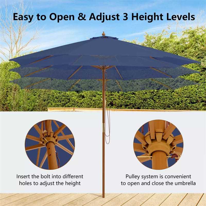 10FT Wooden Patio Umbrella with Rope Pulley Lift, 3 Height Adjustments, 8 Bamboo Ribs, Vented Roof Outdoor Table Umbrella for Poolside, Backyard