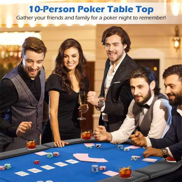 10-Player Foldable Poker Table Top, 84"x42" Portable Texas Holdem Poker Mat Layout with Carrying Bag & Cup Holders for Home Casino Games