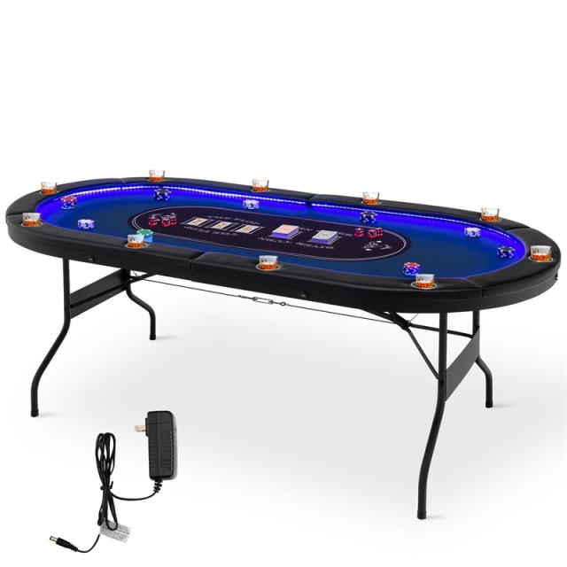 10-Player Poker Table, Foldable Casino Leisure Table Card Game Table Texas Holdem Table with LED Lights, Cup Holder & 4 USB Ports for Blackjack Board