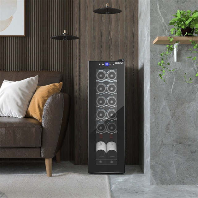 12 Bottle Compressor Wine Cooler Refrigerator with 2-layer Glass Door, LED Lights, 10" Freestanding Built-in Mini Wine Fridge Wine Cellar for Home Bar