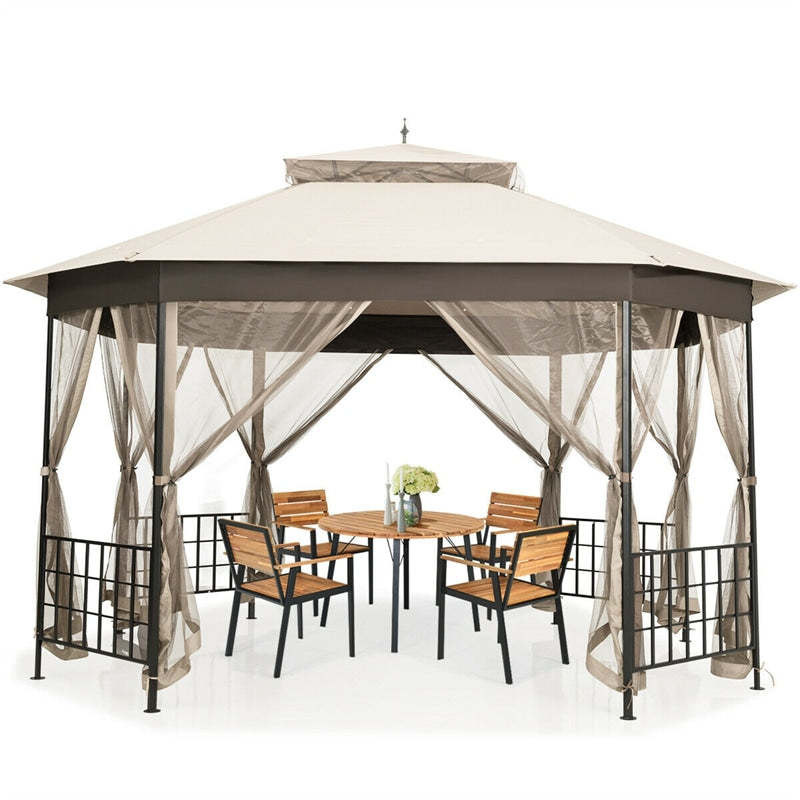10’ x 12’ Patio Gazebo Canopy Heavy Duty Octagon Outdoor Gazebo with Netting Sidewalls & 2-Tier Ventilated Roof