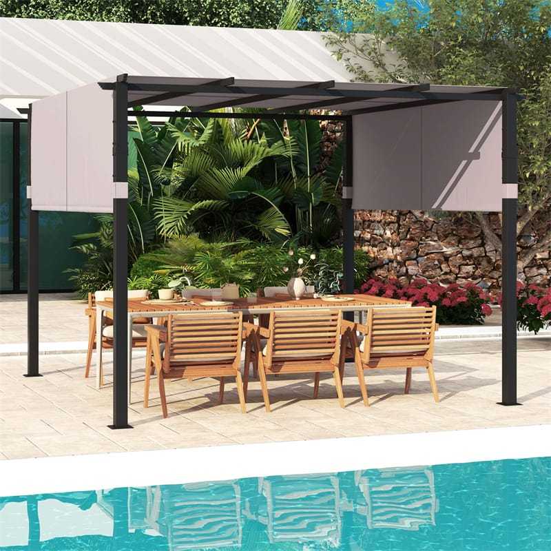 10' x 10' Flat Top Pergola with 2PCS Retractable Sun Shade Canopy, Metal Outdoor Pergola Extra Large Patio Shelter Pavilion for Garden Backyard