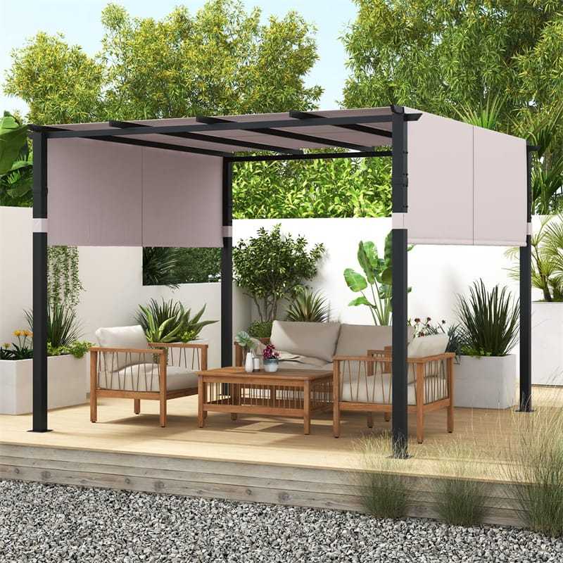 10' x 10' Flat Top Pergola with 2PCS Retractable Sun Shade Canopy, Metal Outdoor Pergola Extra Large Patio Shelter Pavilion for Garden Backyard