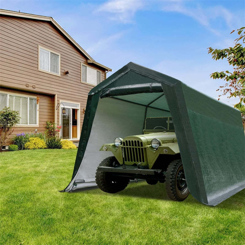 10x10FT Heavy Duty Enclosed Carport, Portable Garage Shelter Outdoor Storage Tent with Sidewalls & Waterproof Ripstop Cover for Motorcycle, ATV, Car