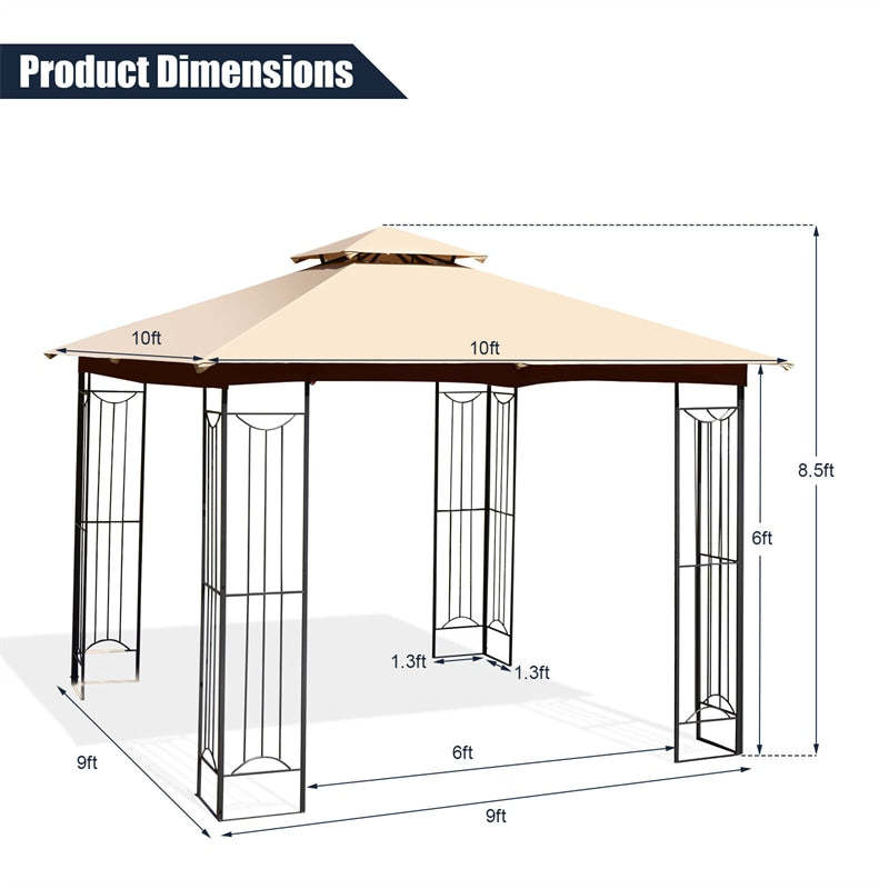 10 x 10 FT Patio Gazebo Double Roof Outdoor Canopy Gazebo Heavy-Duty Steel Frame Gazebo Garden Pavilion Shelter