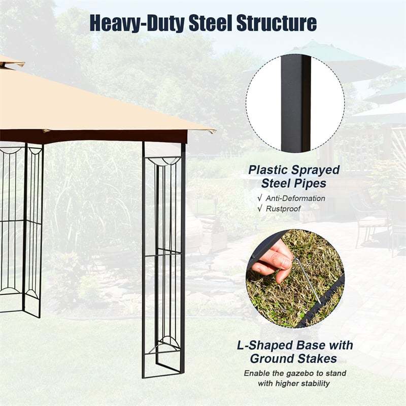 10 x 10 FT Patio Gazebo Double Roof Outdoor Canopy Gazebo Heavy-Duty Steel Frame Gazebo Garden Pavilion Shelter