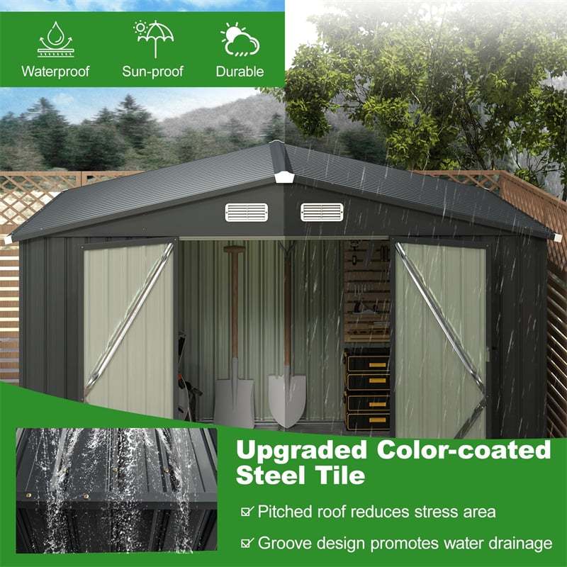 10' x 7.7' Outdoor Storage Shed, Galvanized Steel Garden Shed with Lockable Doors, 4 Vents, Waterproof & Windproof Heavy Duty Tool Shed for Backyard