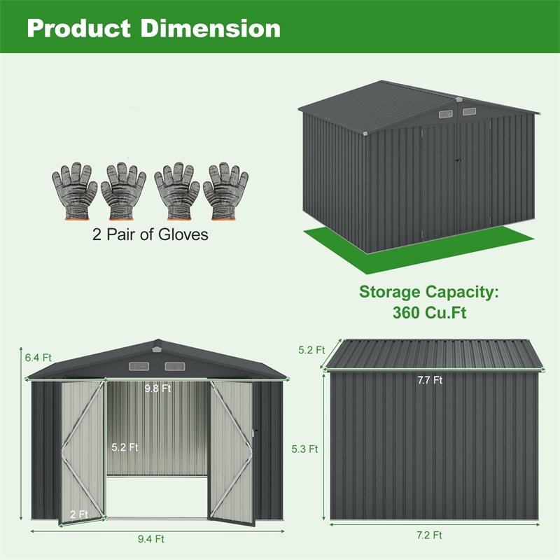 10' x 7.7' Outdoor Storage Shed, Galvanized Steel Garden Shed with Lockable Doors, 4 Vents, Waterproof & Windproof Heavy Duty Tool Shed for Backyard