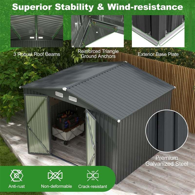 10' x 7.7' Outdoor Storage Shed, Galvanized Steel Garden Shed with Lockable Doors, 4 Vents, Waterproof & Windproof Heavy Duty Tool Shed for Backyard