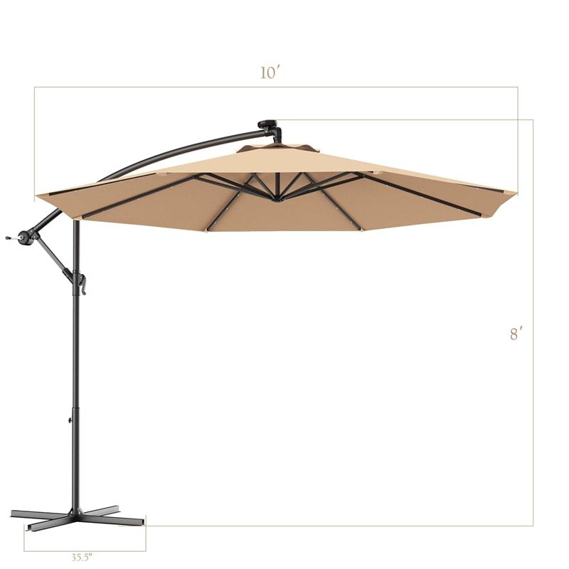 10' Solar LED Offset Patio Umbrella Hanging Market Umbrella Sun Shade with Heavy-Duty Cross Base