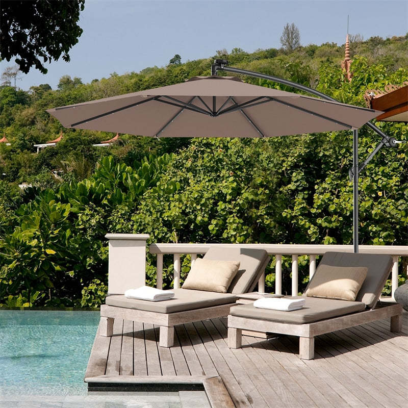 10' Solar LED Offset Patio Umbrella Hanging Market Umbrella Sun Shade with Heavy-Duty Cross Base