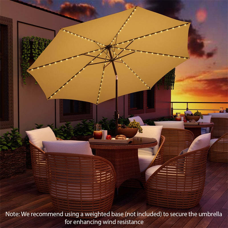10FT Lighted Patio Umbrella Outdoor Table Market Umbrella with 112 Solar Lights Crank Lifting Handle Tilt System