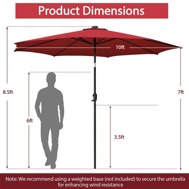 10FT Lighted Patio Umbrella Outdoor Table Market Umbrella with 112 Solar Lights Crank Lifting Handle Tilt System