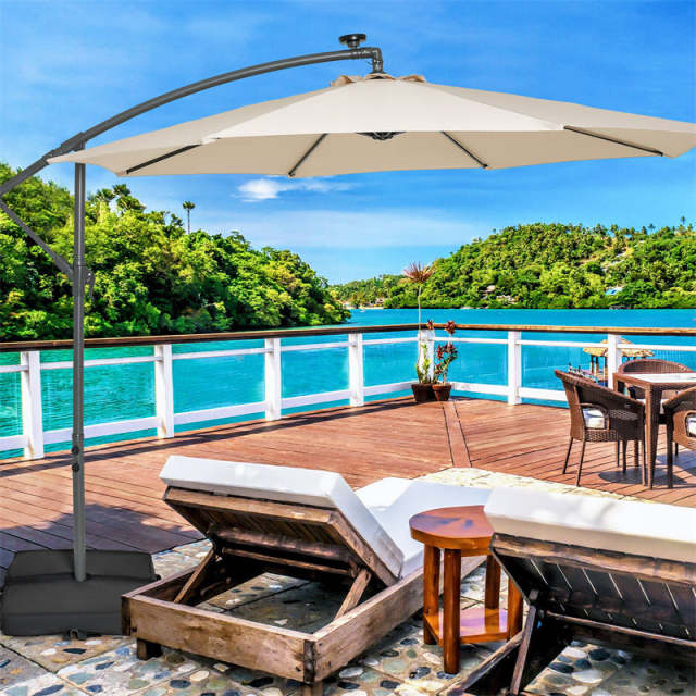 10FT Solar Offset Patio Umbrella, Hanging Cantilever Umbrella with 32 LED Lights, Adjustable Tilt, Sand Bag Base for Garden, Poolside, Yard
