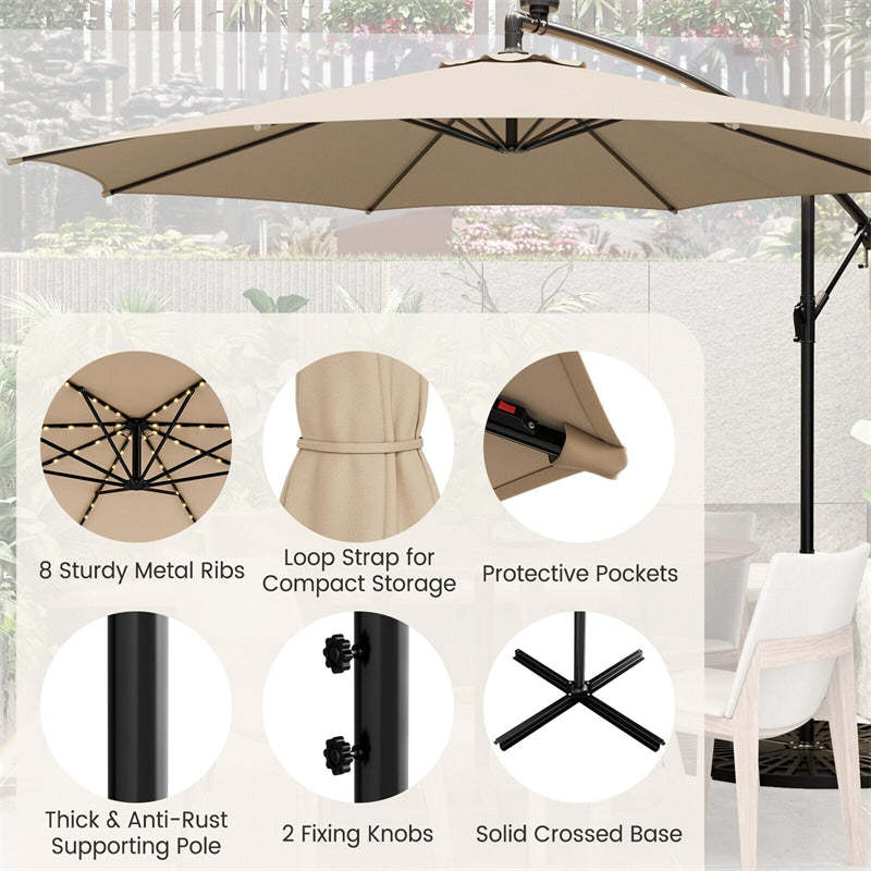 10FT Solar Offset Umbrella, Patio Cantilever Umbrella with 112 LED Lights, Adjustable Crank Handle & Tilt, Outdoor Market Umbrella for Poolside