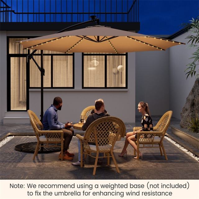 10FT Solar Offset Umbrella, Patio Cantilever Umbrella with 112 LED Lights, Adjustable Crank Handle & Tilt, Outdoor Market Umbrella for Poolside