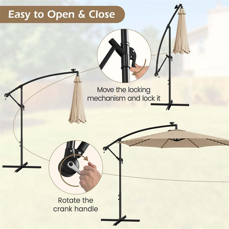 10FT Solar Offset Umbrella, Patio Cantilever Umbrella with 112 LED Lights, Adjustable Crank Handle & Tilt, Outdoor Market Umbrella for Poolside