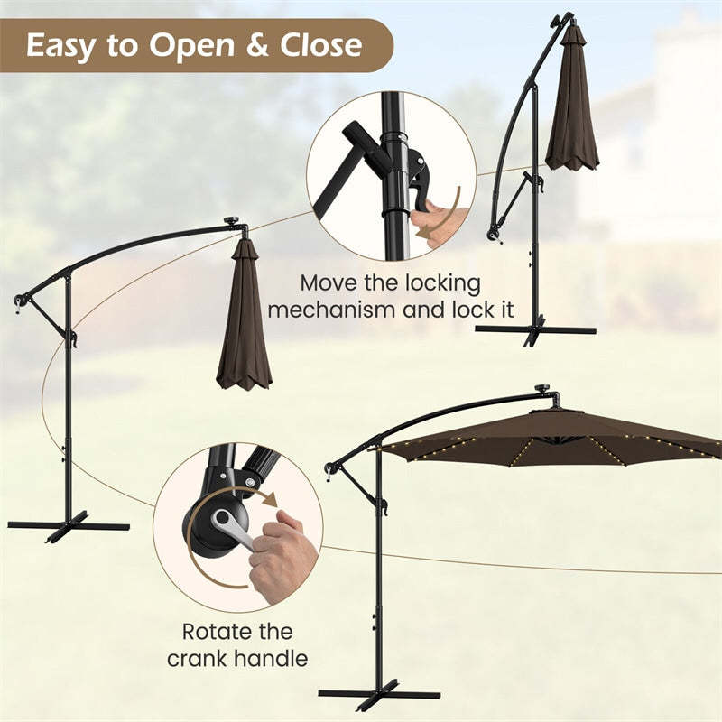 10FT Solar Offset Umbrella, Patio Cantilever Umbrella with 112 LED Lights, Adjustable Crank Handle & Tilt, Outdoor Market Umbrella for Poolside