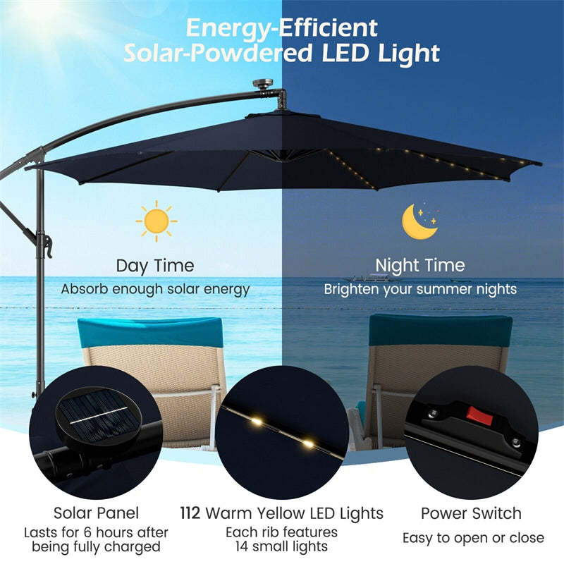10FT Solar Offset Umbrella, Patio Cantilever Umbrella with 112 LED Lights, Adjustable Crank Handle & Tilt, Outdoor Market Umbrella for Poolside