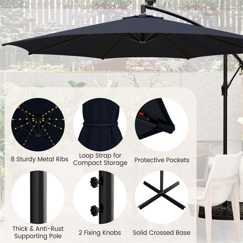 10FT Solar Offset Umbrella, Patio Cantilever Umbrella with 112 LED Lights, Adjustable Crank Handle & Tilt, Outdoor Market Umbrella for Poolside