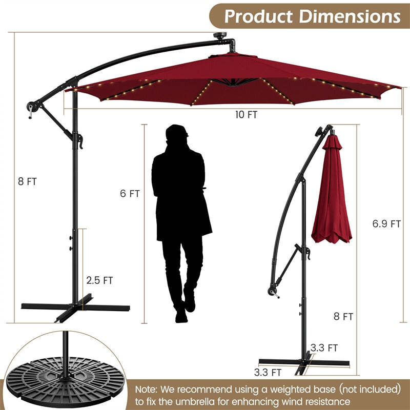 10FT Solar Offset Umbrella, Patio Cantilever Umbrella with 112 LED Lights, Adjustable Crank Handle & Tilt, Outdoor Market Umbrella for Poolside