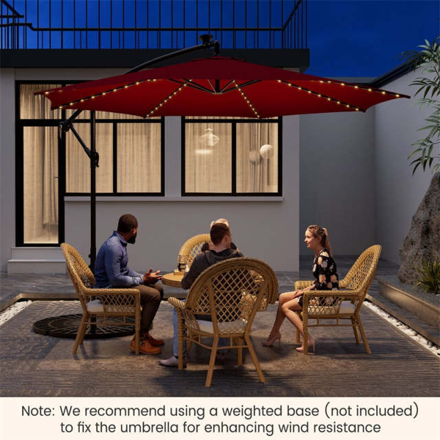 10FT Solar Offset Umbrella, Patio Cantilever Umbrella with 112 LED Lights, Adjustable Crank Handle & Tilt, Outdoor Market Umbrella for Poolside