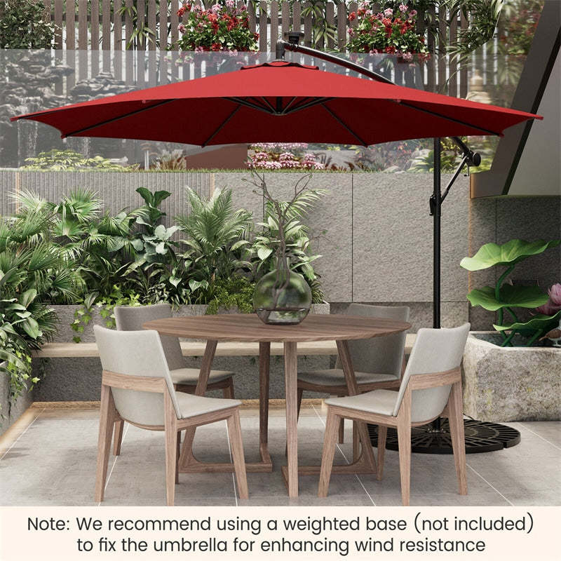 10FT Solar Offset Umbrella, Patio Cantilever Umbrella with 112 LED Lights, Adjustable Crank Handle & Tilt, Outdoor Market Umbrella for Poolside