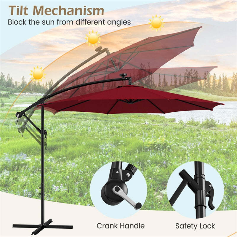 10FT Solar Offset Umbrella, Patio Cantilever Umbrella with 112 LED Lights, Adjustable Crank Handle & Tilt, Outdoor Market Umbrella for Poolside