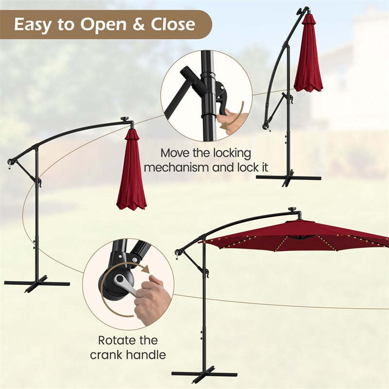 10FT Solar Offset Umbrella, Patio Cantilever Umbrella with 112 LED Lights, Adjustable Crank Handle & Tilt, Outdoor Market Umbrella for Poolside
