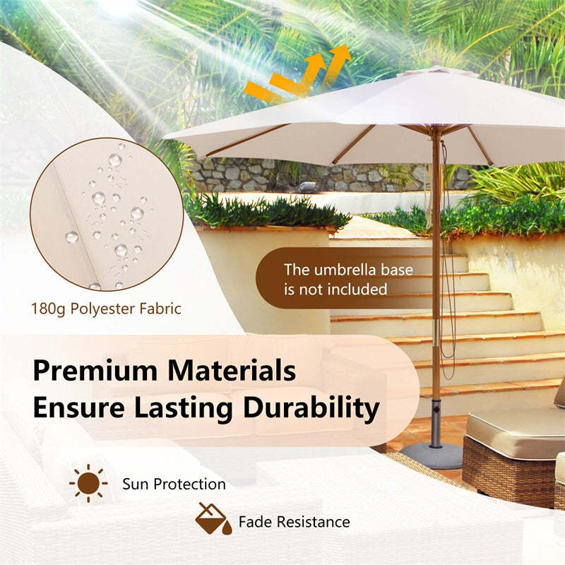 10FT Wooden Patio Umbrella with Rope Pulley Lift, 3 Height Adjustments, 8 Bamboo Ribs, Vented Roof Outdoor Table Umbrella for Poolside, Backyard