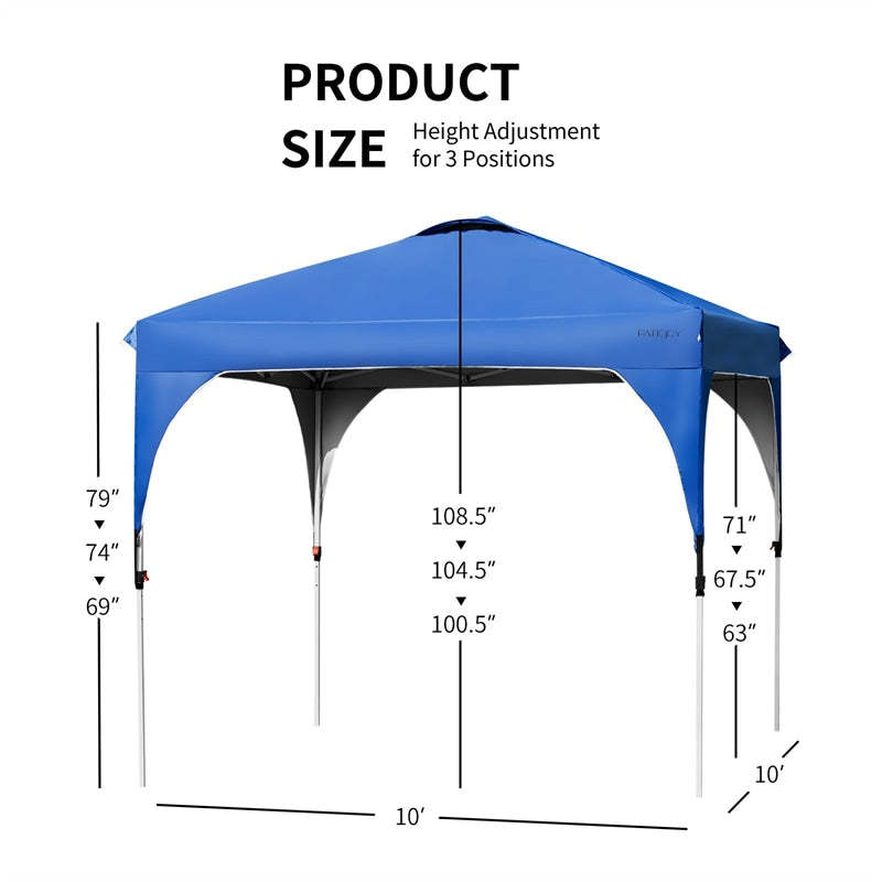 10x10FT Commercial Pop-Up Canopy with Adjustable Height & Roller Bag, Heavy Duty Gazebo Tent Instant Shelter for Camping, Parties, Backyard