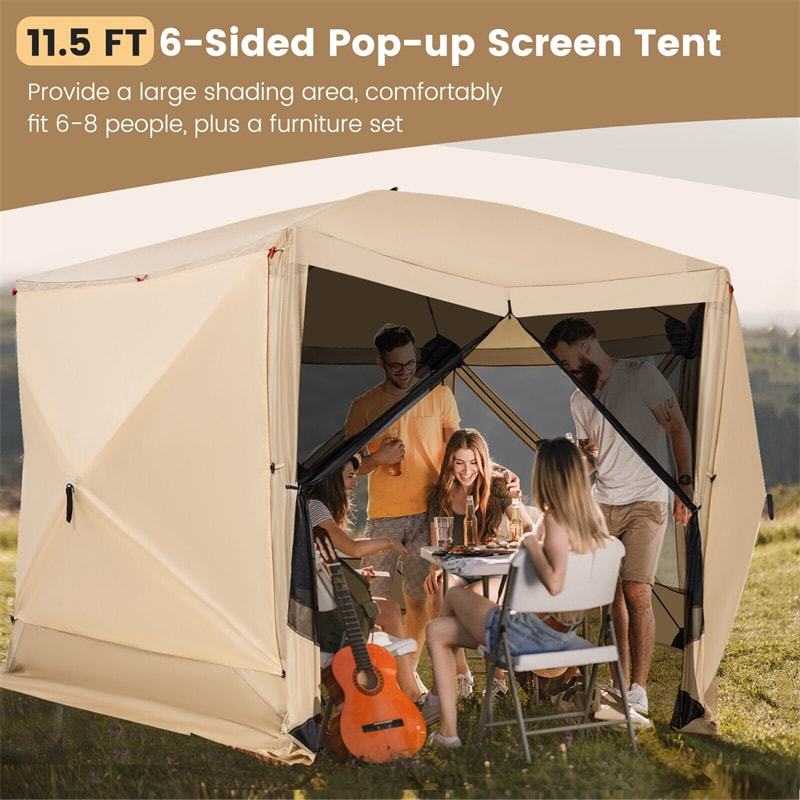 11.5' x 11.5' Pop Up Screen Tent 6-Sided Camping Gazebo Tent Outdoor Instant Canopy Shelter with Netting 2 Wind Clothes & Carry Bag