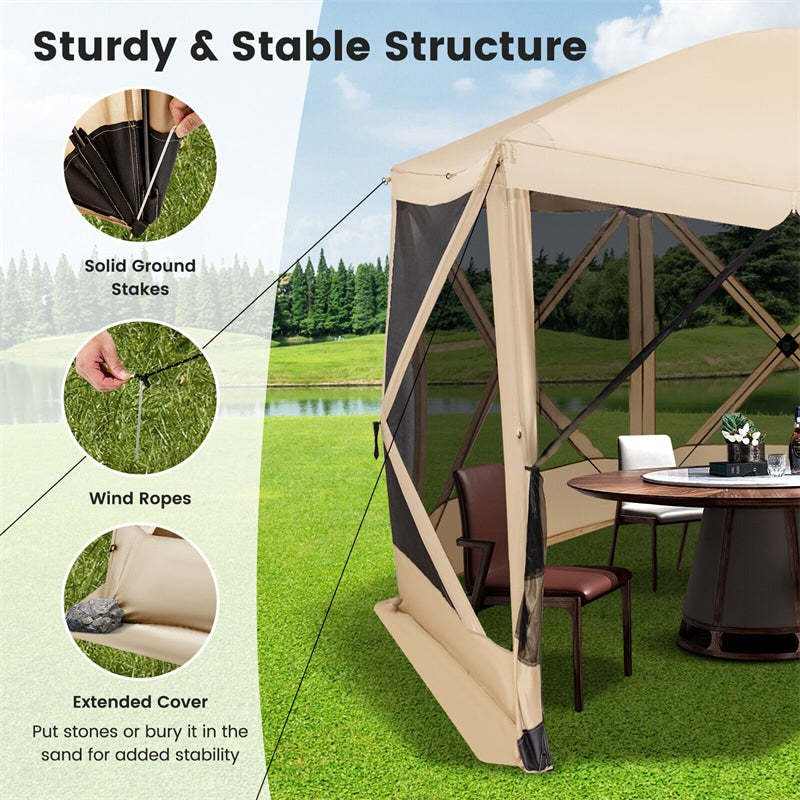 11.5' x 11.5' Pop Up Screen Tent 6-Sided Camping Gazebo Tent Outdoor Instant Canopy Shelter with Netting 2 Wind Clothes & Carry Bag