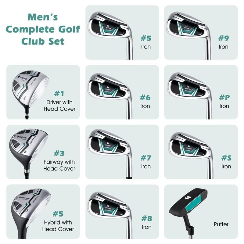 12 Pieces Men's Complete Golf Club Set Right Hand, Golf Club Package Set with 460CC Alloy Driver, #3 Fairway, Rain Hood, Portable Golf Stand Bag