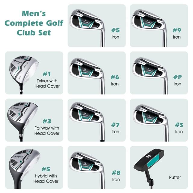 12 Pieces Men's Complete Golf Club Set Right Hand, Golf Club Package Set with 460CC Alloy Driver, #3 Fairway, Rain Hood, Portable Golf Stand Bag