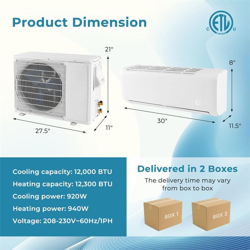 12000BTU Mini Split Air Conditioner & Heater 21 SEER2 208-230V Energy Star Ductless AC Unit with Heating System, Heat Pump, Remote Control