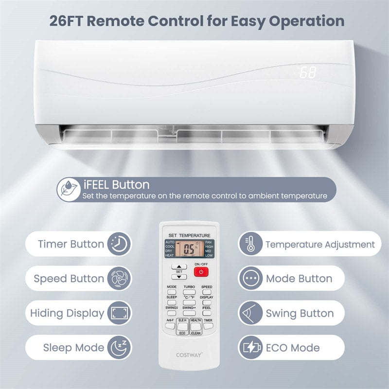 12000 BTU Mini Split Air Conditioner & Heater w/ Heat Pump, Energy Efficient 17 SEER2 208-230V Wall-Mount Ductless AC Unit for Rooms up to 750 Sq.Ft