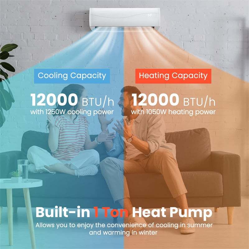 12000 BTU Mini Split Air Conditioner & Heater w/ Heat Pump, Energy Efficient 17 SEER2 208-230V Wall-Mount Ductless AC Unit for Rooms up to 750 Sq.Ft