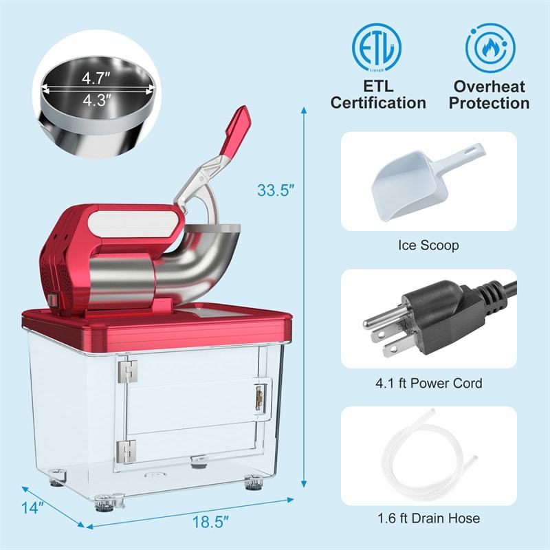 660LBS/H Commercial Snow Cone Machine, 300W ETL-Approved 120V Electric Ice Shaver with Stainless Steel Dual Blades for Home, Restaurants, Bars