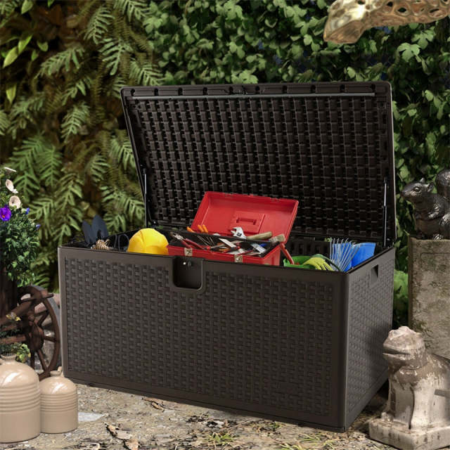 120 Gallon All-Weather HDPE Patio Deck Box with Lockable Lid & Gas Struts, Outdoor Storage Container for Cushions, Garden Tools, Pool Accessories