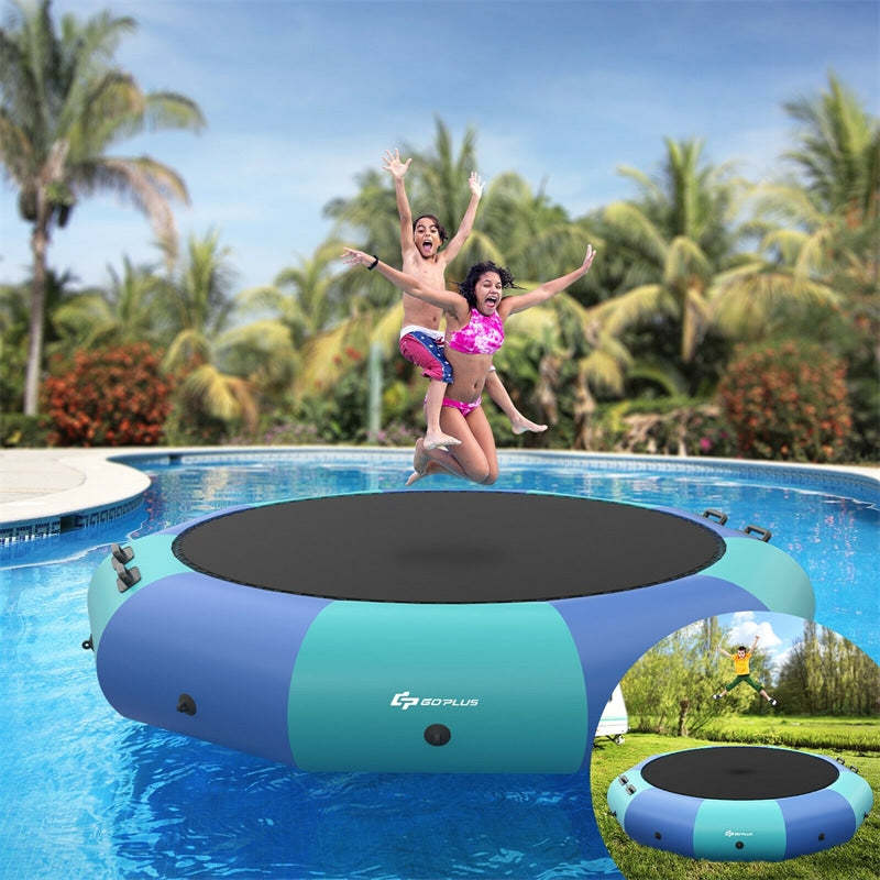 12FT Inflatable Water Trampoline, Floating Lake Trampoline with 500W Electric Inflator & Rope Ladder, Recreational Water Bouncer for Pool