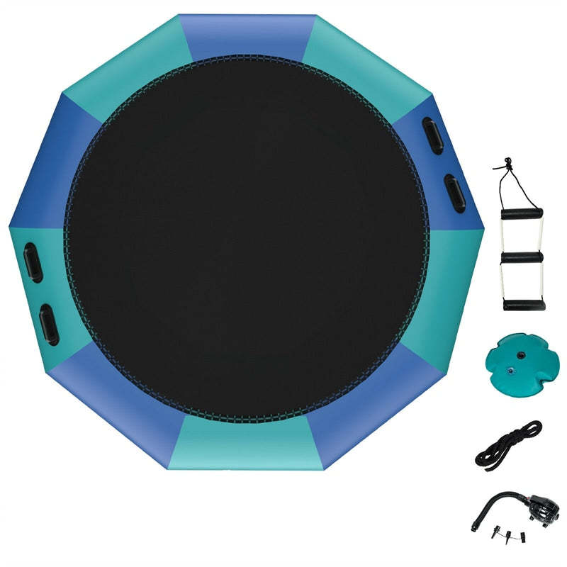 12FT Inflatable Water Trampoline, Floating Lake Trampoline with 500W Electric Inflator & Rope Ladder, Recreational Water Bouncer for Pool