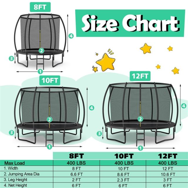 8FT Trampoline Outdoor Recreational Trampoline with Enclosure Net Safety Pad & Ladder for Kids Adults