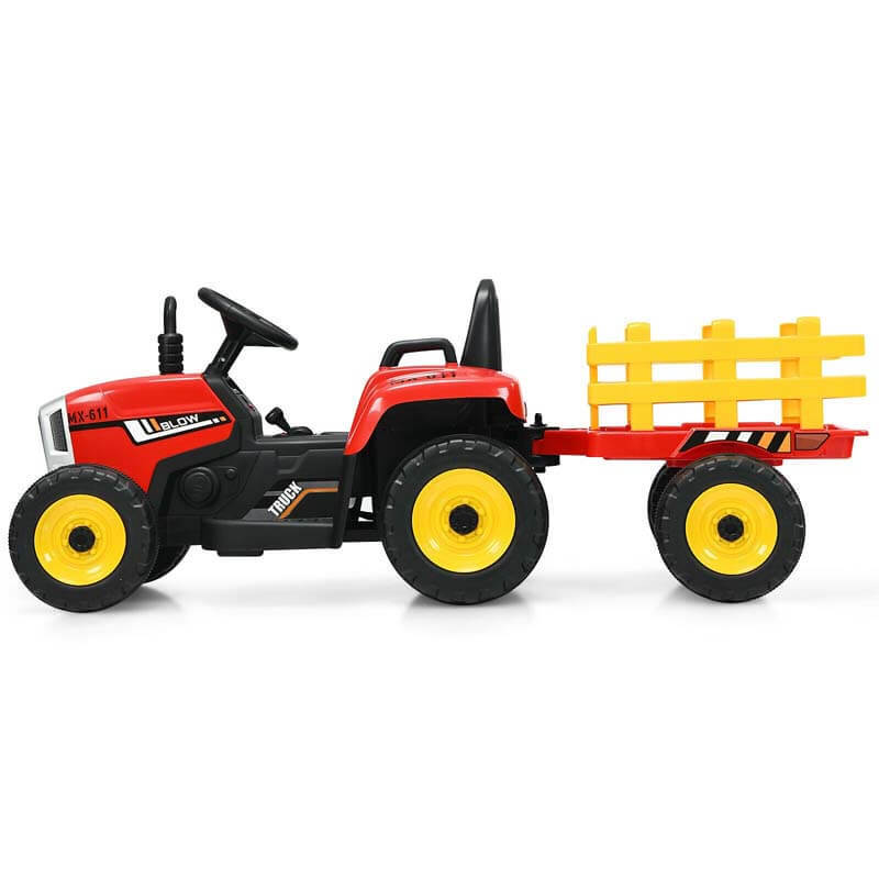 12V Kids Ride-On Tractor with Detachable Trailer, 3-Gear Ground Loader, LED Lights, Remote Control, Battery Powered Tractor Toy for Ages 3+