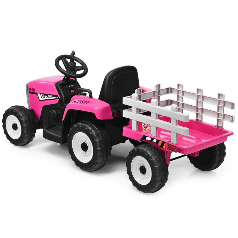 12V Kids Ride-On Tractor with Detachable Trailer, 3-Gear Ground Loader, LED Lights, Remote Control, Battery Powered Tractor Toy for Ages 3+