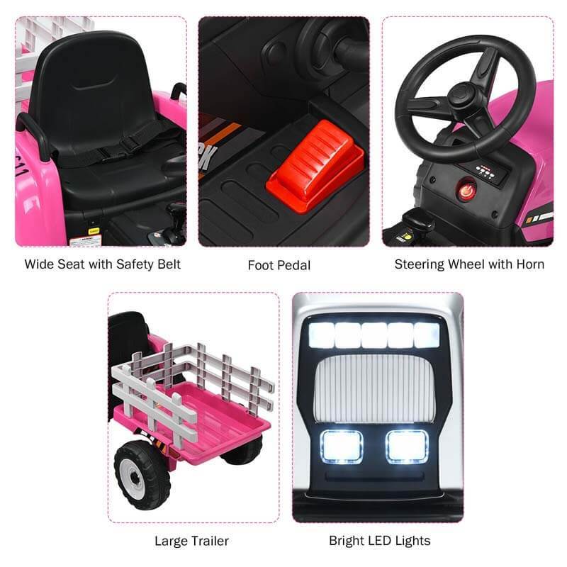 12V Kids Ride-On Tractor with Detachable Trailer, 3-Gear Ground Loader, LED Lights, Remote Control, Battery Powered Tractor Toy for Ages 3+