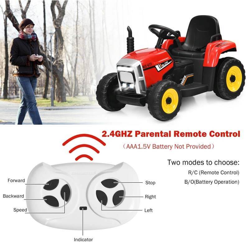 12V Kids Ride-On Tractor with Detachable Trailer, 3-Gear Ground Loader, LED Lights, Remote Control, Battery Powered Tractor Toy for Ages 3+